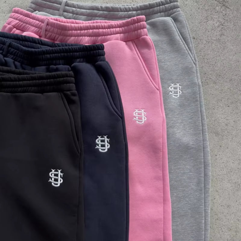 Trendy Embroidery Casual Loose Wide Leg Pants Y2K Harajuku Retro Street Wear Solid Color Sweatpants Men Women Straight Leg Pants
