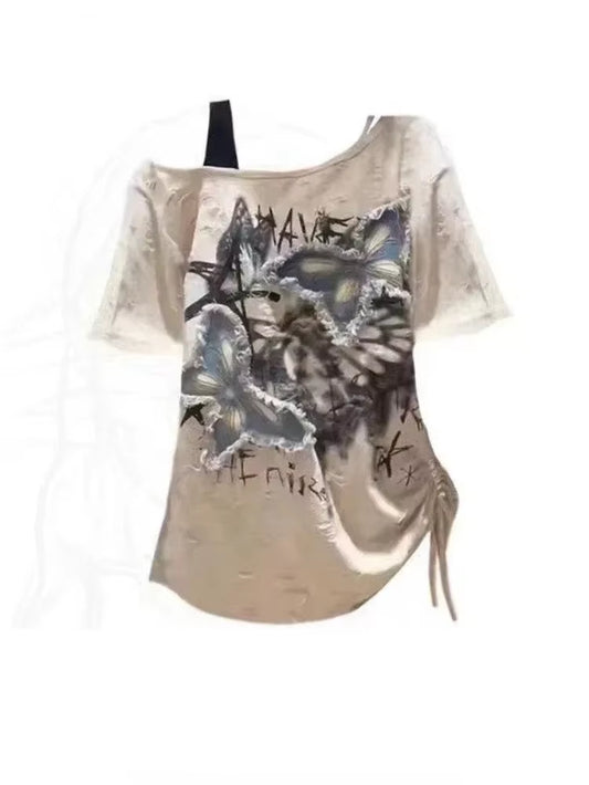 Vintage Graphic T-Shirts Women Harajuku Y2K Aesthetic 2000S Oversized Sexy off Shoulder Short Sleeve T-Shirts Grunge