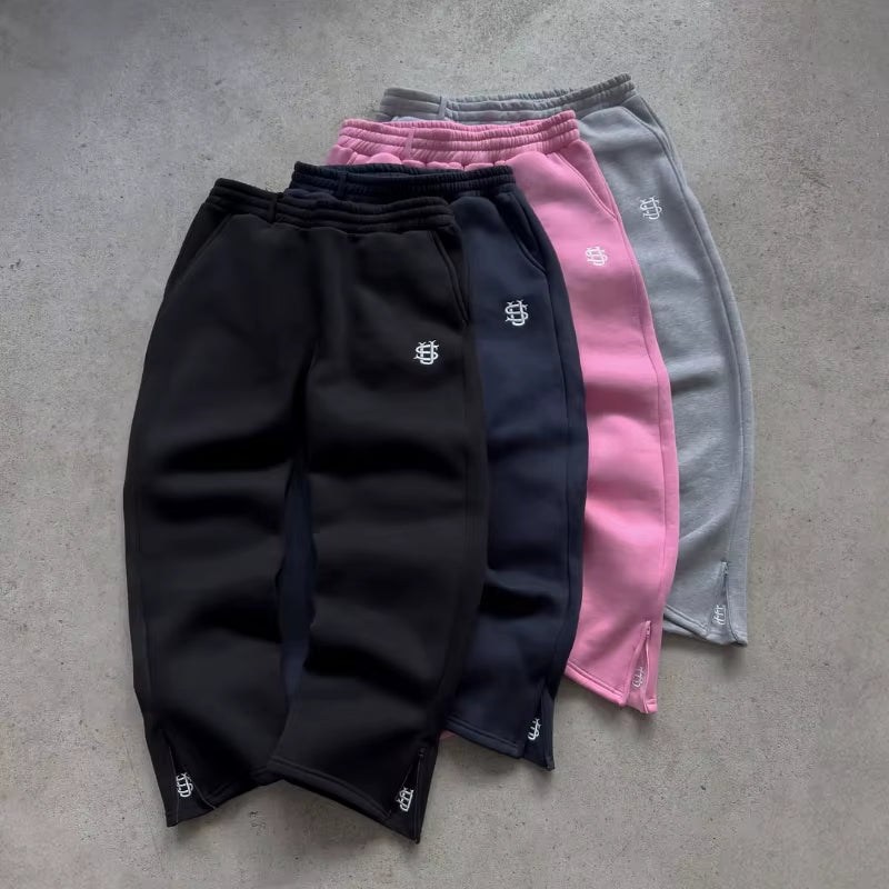 Trendy Embroidery Casual Loose Wide Leg Pants Y2K Harajuku Retro Street Wear Solid Color Sweatpants Men Women Straight Leg Pants